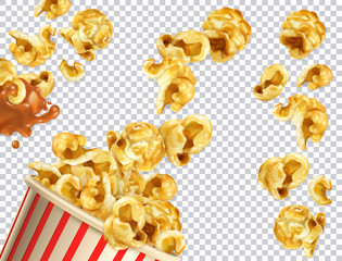 Popcorn with caramel vectorized image. 3d realistic vector set - obrazy, fototapety, plakaty