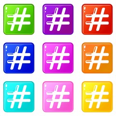 Fototapeta na wymiar Hashtag icons set 9 color collection isolated on white for any design