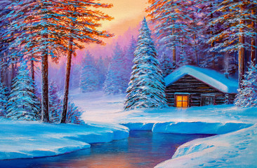 Old cabin in winter forest.Oil painting. - obrazy, fototapety, plakaty