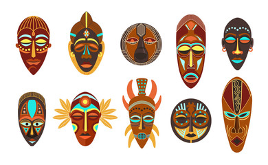 Flat set of colorful african ethnic tribal ritual masks of different shape isolated on white background.