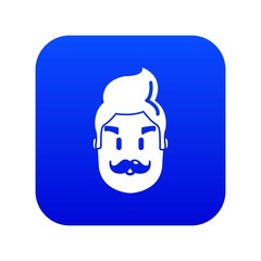 Hipster man face icon blue vector isolated on white background
