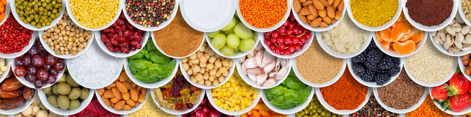 Früchte Beeren Gemüse Obst Gewürze Zutaten Banner Hintergrund von oben