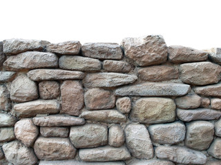 Stone rock wall construction with white background isolated