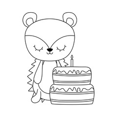 cute porcupine with cake of birthday