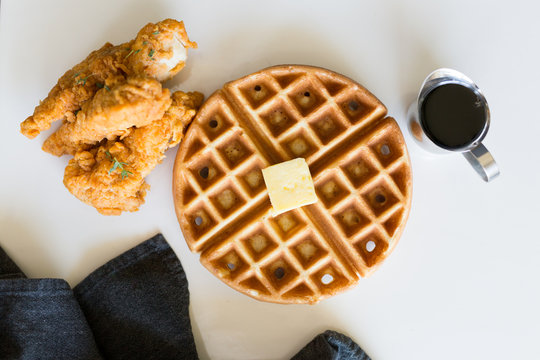 Chicken And Waffles On White Background