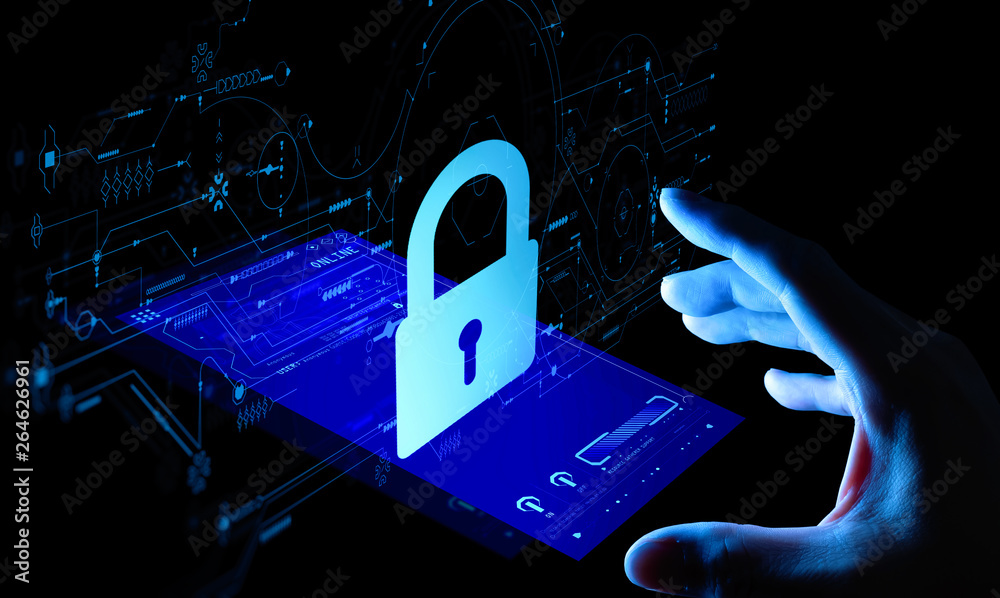 Aufkleber Data protection Cyber Security Privacy Business with Woman hand pointing with UI new smartphone.Internet Technology Concept.