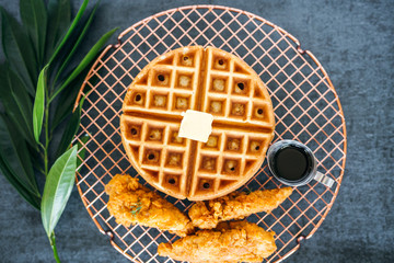 Chicken and Waffles with Butter and Syrup