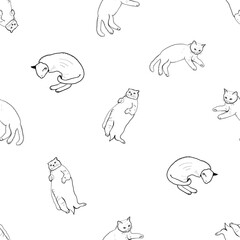 Hand drawn seamless pattern with cats monochrome pattern