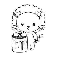 cute lion animal with cake of birthday