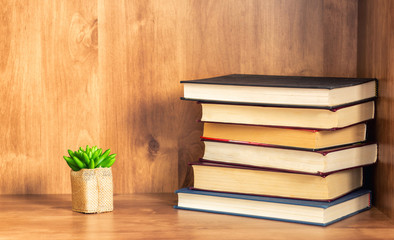 Pile of closed books on wooden shelf.