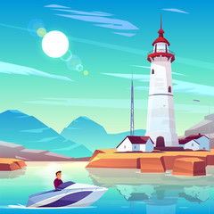 Lighthouse in harbor and powerboat with man passing by dwellings and tower stand on rocky coast at sunny day. Male Character drive motorboat in sea bay near beacon building Cartoon vector illustration