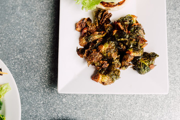 Fried Brussel Sprouts and Burger