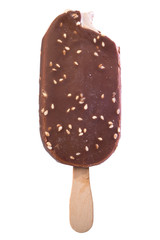 Chocolate ice-cream tasted by someone, isolated on the white background.