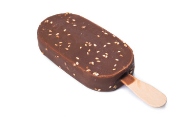 Chocolate popsicle. Ice cream on white background. closeup
