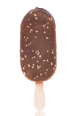 Chocolate ice cream with nuts on a white background with reflection.