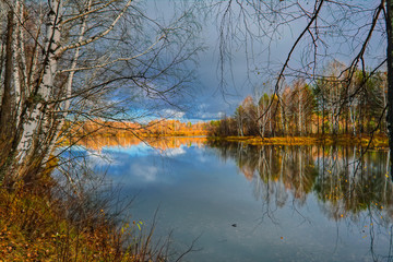 Autumn landscape sunny warm day in the forest by the river