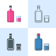 Alcohol bottle and glass icon set in flat and line styles