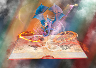 dragon on fire over the magic fairytale book background