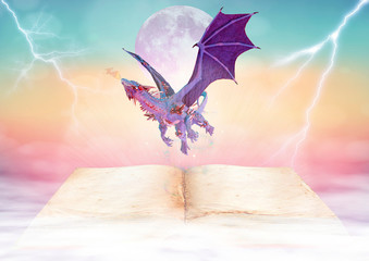 dragon on magic fairytale book background