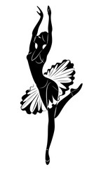 Silhouette of a cute lady, she is dancing ballet. The girl has a beautiful figure. Woman ballerina. Vector illustration. © Nataliia