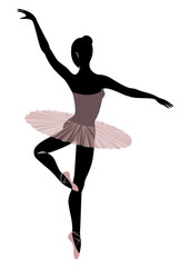 Silhouette of a cute lady, she is dancing ballet. The girl has a beautiful figure. Woman ballerina. Vector illustration. © Nataliia