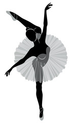 Silhouette of a cute lady, she is dancing ballet. The girl has a beautiful figure. Woman ballerina. Vector illustration. © Nataliia