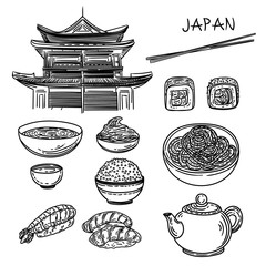 Japan set.Sushi, chopsticks, wasabi, roll , cup, teapot, Japan traditional building, rice,  bowl, ...