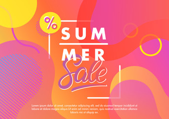 Summer sale banner.Unique design card with gradient background,shapes and geometric elements in memphis style.Sale season card perfect for prints, flyers,banners, promotion,special offer and more.