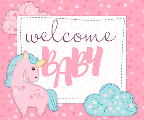 Greeting card or invitation for newborn baby girl celebration. Baby shower invitation card template with cute unicorn for baby girl.