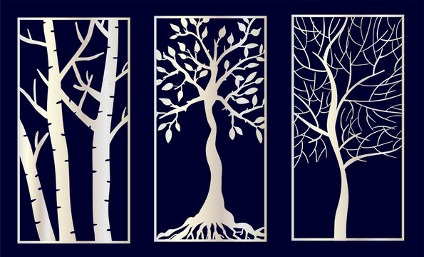 Set of Decorative laser cut panels with tree shapes.