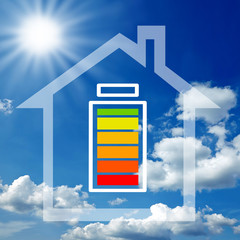 Haus Illustration Sonnenenegie mit Batteriespeicher, Akkuspeicher