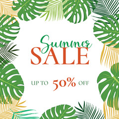 Summer sale banner vector template with monstera and sand effect