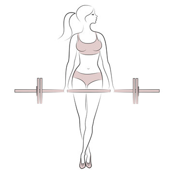 Silhouette of a sweet lady. The girl is engaged in fitness, raises the bar. The woman is young and slender, with a beautiful figure. Vector illustration