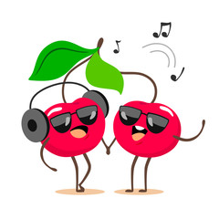 Funny and cartoon couple of sweet cherries listening to music on headphones. Vector fruit isolate on white background