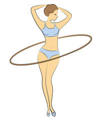 Silhouette of a sweet lady. The girl is engaged in fitness. Twists the circle hoop. The woman is young and slender, with a beautiful figure. Vector illustration