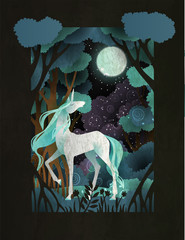 Unicorn in front of magic forest. Fairy tale book cover or poster template