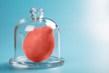 Concept coral lemon in a lemon bowl on a refreshing blue gradient background. Collage non-existent...