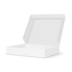 Blank packaging box mockup with open lid isolated on white background. Vector illustration