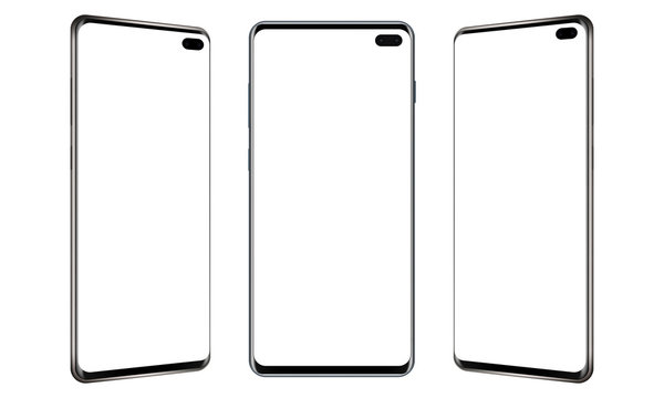 Set of modern frameless mobile phones mockups with blank screens. Vector illustration