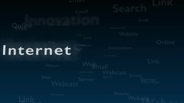 Deep blue background with different words, which deal with internet. Close up. Copy space. 3D. Animation.
