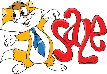 Cartoon cat character and a sale text vector illustration