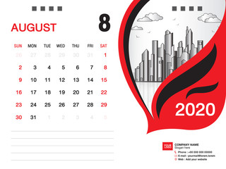 Desk Calendar 2020 template vector, AUGUST 2020 month, business layout, 8x6 inch, Week starts Sunday, Stationery design, printing media, publication template