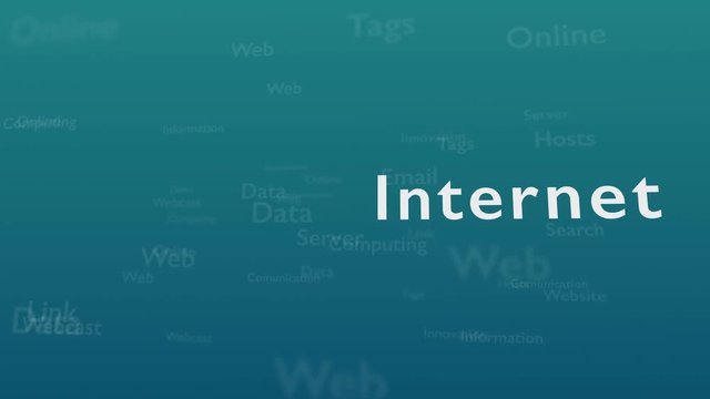Light blue background with different words, which deal with internet. Close up. Copy space. 3D. Animation.