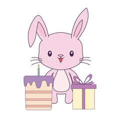 cute rabbit with cake of birthday and gift box