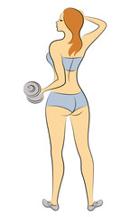 Silhouette of a sweet lady from behind, Girl DOING fitness, lifts a dumbbell. The woman is young and slender, with a beautiful figure. Vector illustration