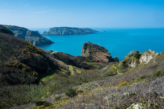 United Kingdom, Channel islands, overlook over the east coast of Sark and the island Brecqhou