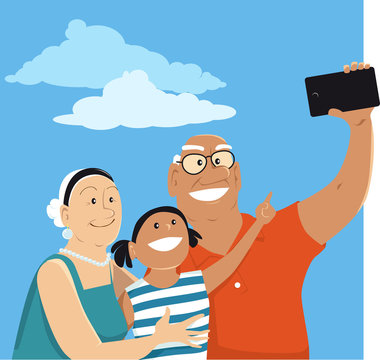 Senior couple taking a selfie with their granddaughter, EPS 8 vector illustration
