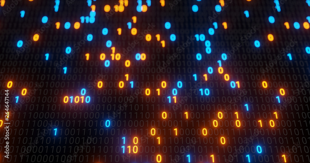 Poster abstract blue and orange digital binary code matrix background with flare. futuristic big data infor