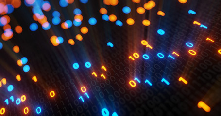 Abstract blue and orange digital binary code matrix background with flare. Futuristic Big data information technology, data center, block chain, server, internet, hi-speed. 3D rendering