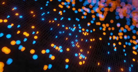 Abstract blue and orange digital binary code matrix background with flare. Futuristic Big data...